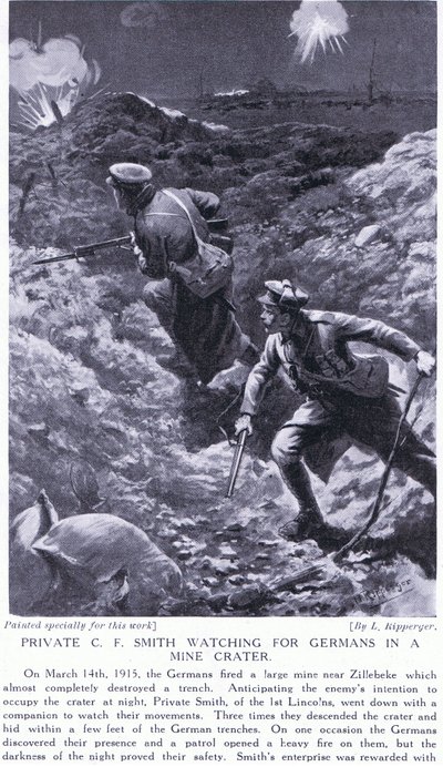 Private C F Smith Watching for Germans in a Mine Crater at Zillebeke in March 1915 by H. Ripperger